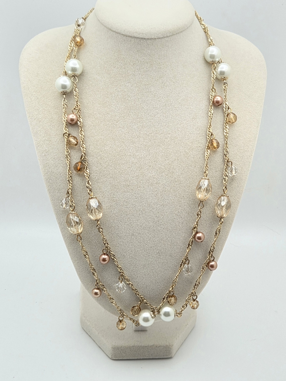 Vintage-Style 38" Gold Tone Long Station Necklace - Glass & Faux Pearl